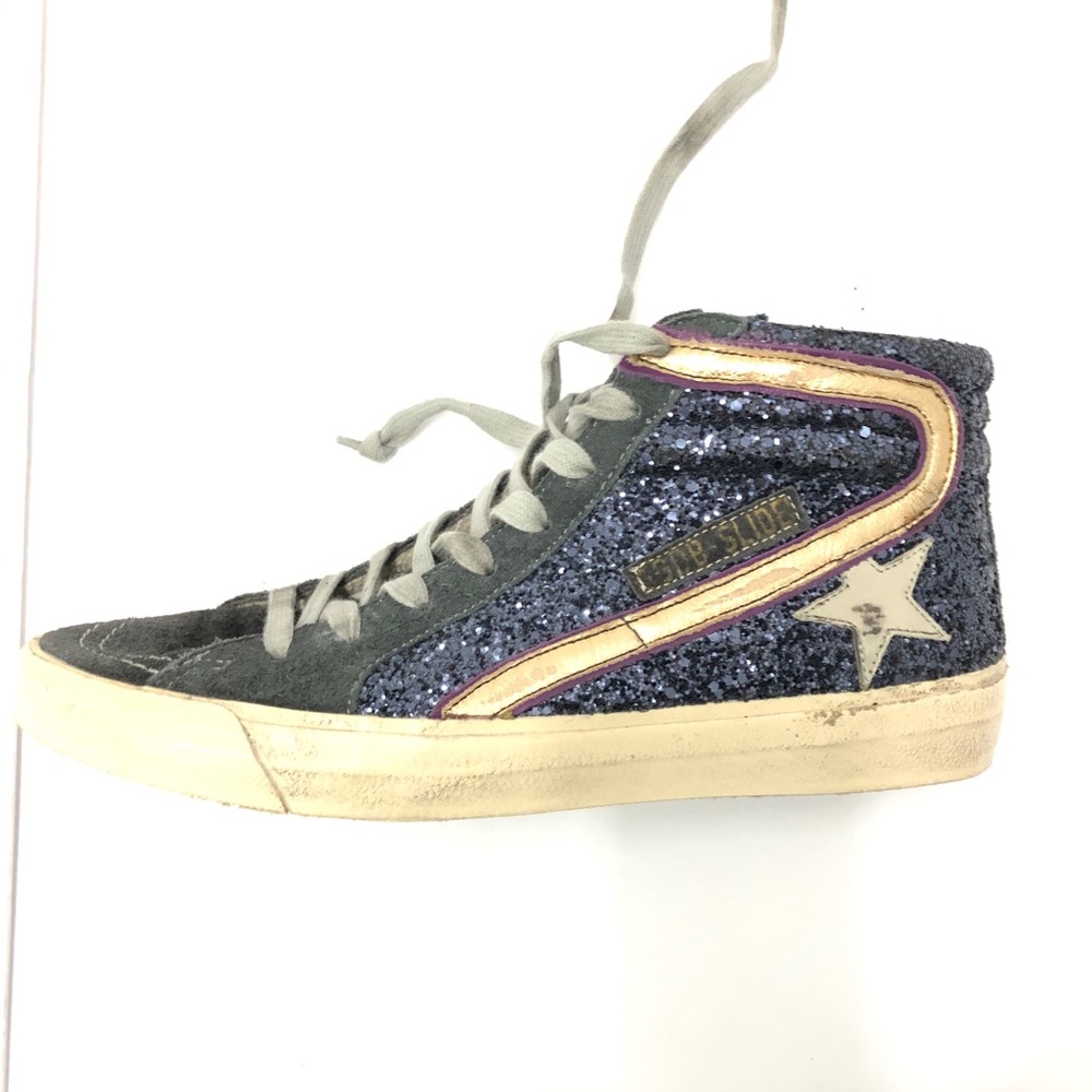 Golden Goose Navy Glitter High-Top Sneakers with Pink/Gold Stripe